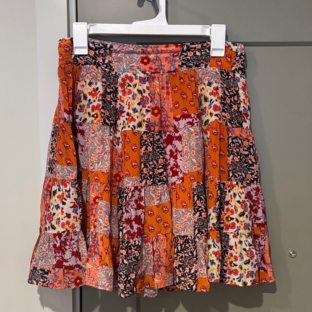 Anthropologie Floral Patchwork Mini Skirt - Orange and Red